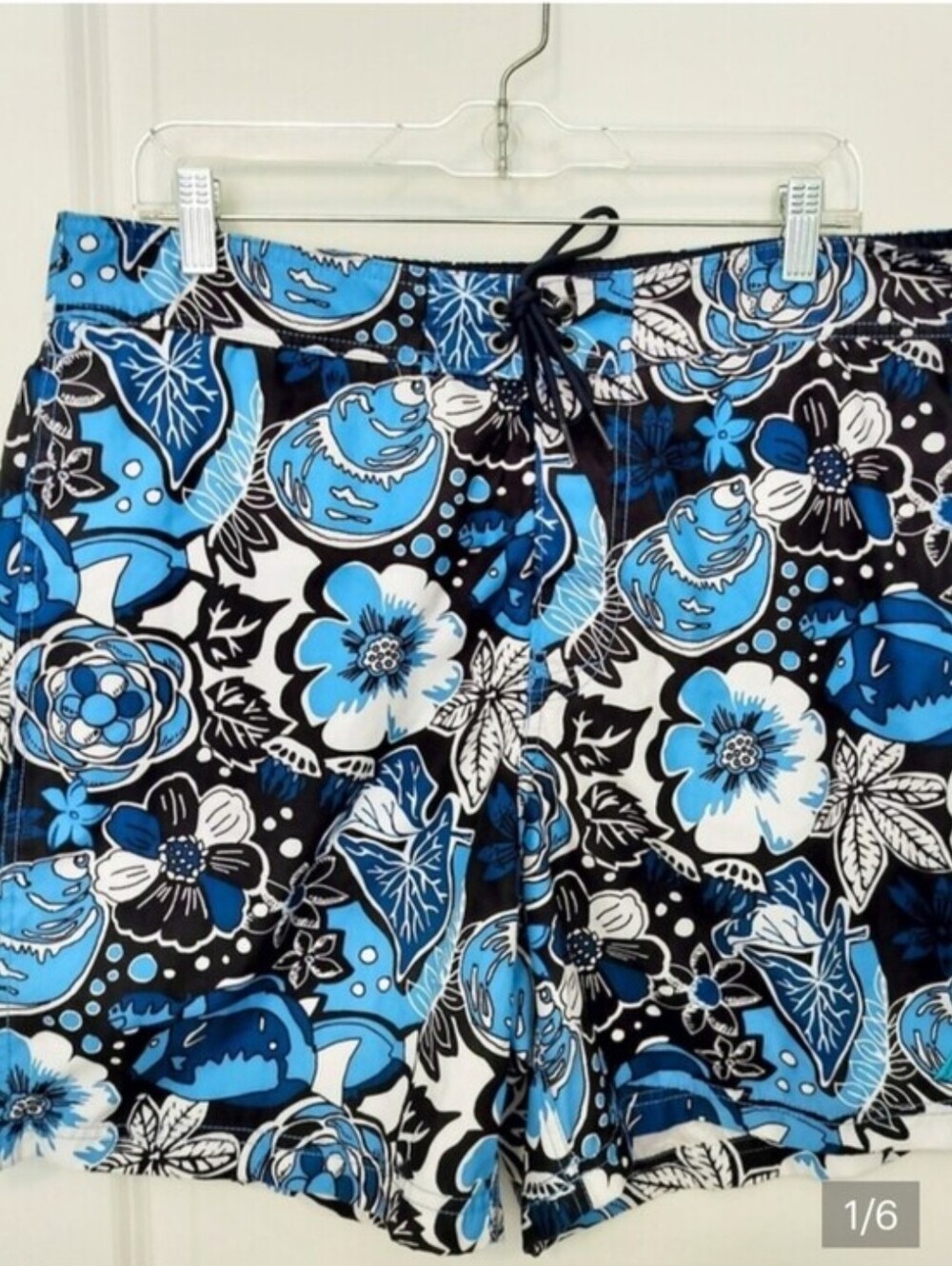 Nautica Men's L Black, White & Blue Floral Drawstring Swim Trunks